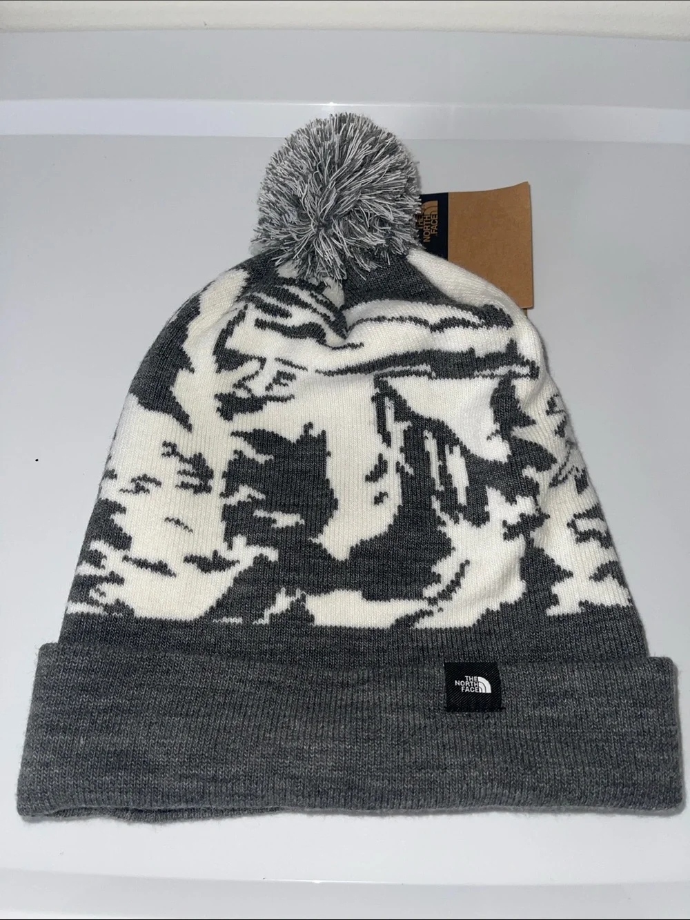 The North Face Gray & White Patterned Pom Beanie